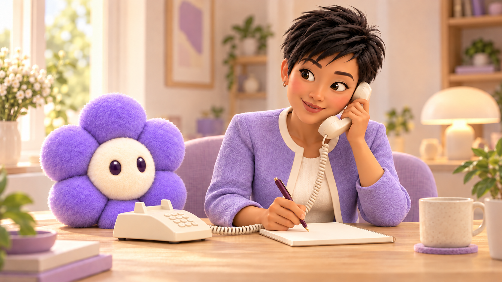 Fictional pixie-haired caller holding a phone handset to her ear, with a pen and blank notebook beside plush Teri.