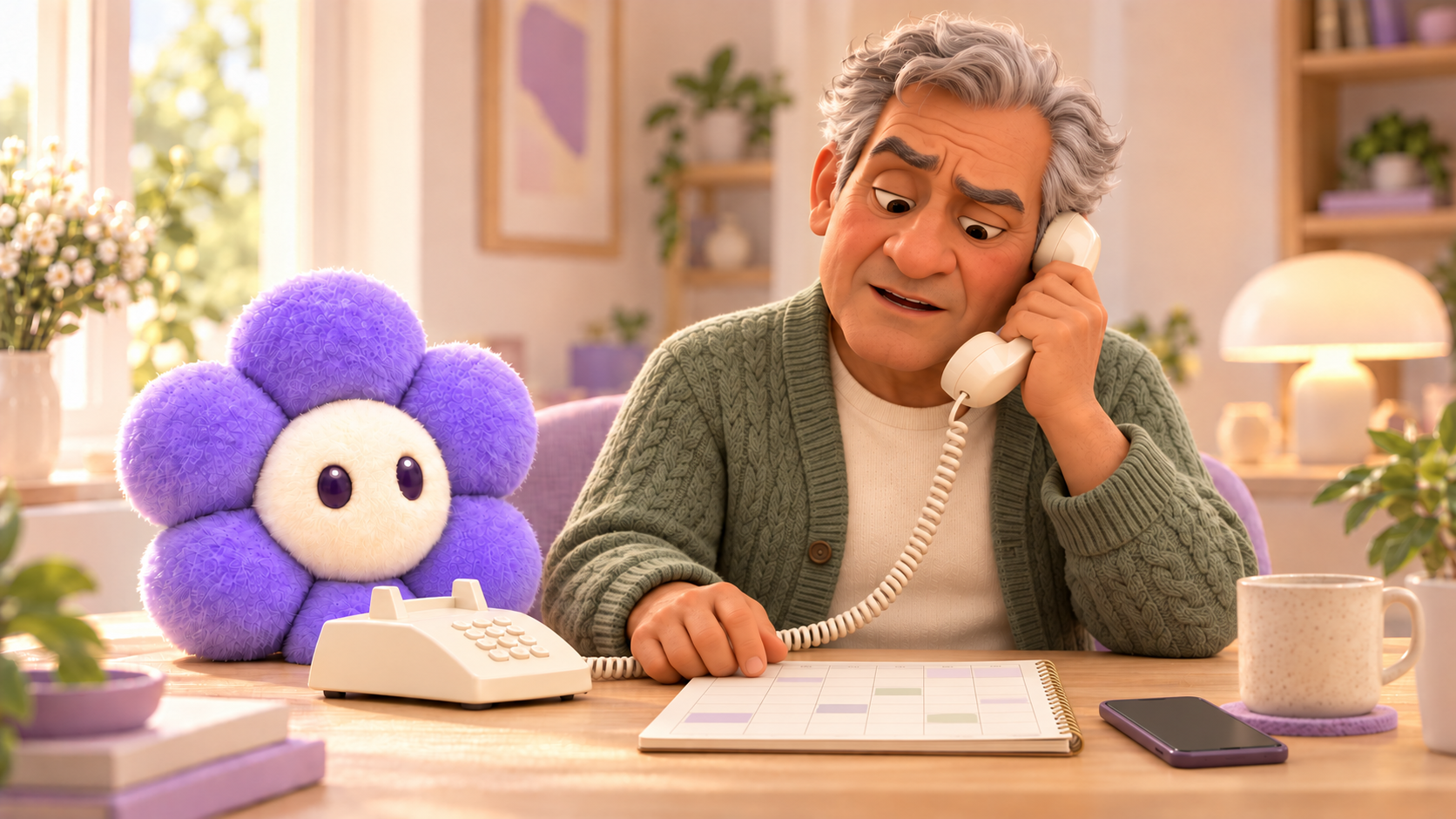 Fictional older man holding a phone handset, with plush Teri beside him.